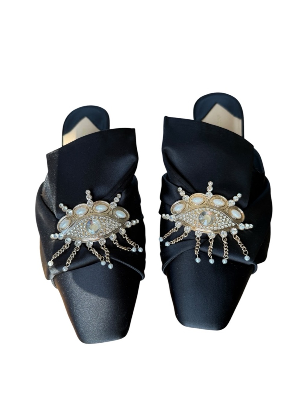 Antonio Melani Lex Evil Eye Rhinestone Mules Black Satin Slip On Heels 9.5